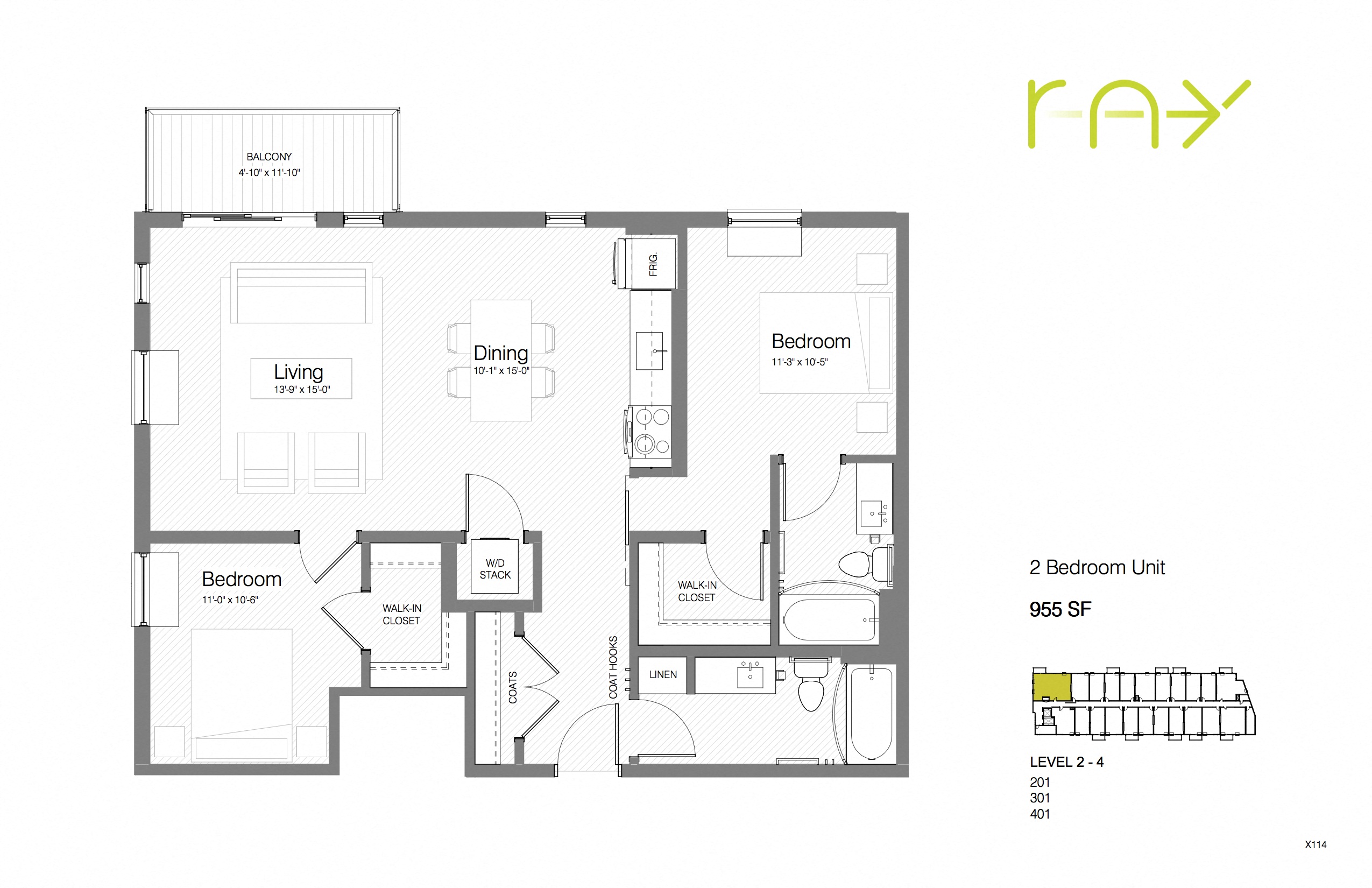 Floor plan for 2 beds, 2 baths, 955 sqft